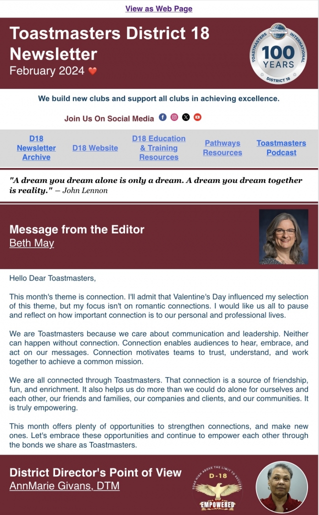 Newsletter Archive - District 18 Toastmasters